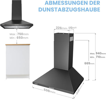 COMFEE CH60A17EM400B Afzuigkap, 60 cm convectie en afvoerlucht, wandkap met actieve koolfilter, 400 m³/u luchtstroom, 5 lagen, wasbaar vetfilter, instelbare open haard, zwart