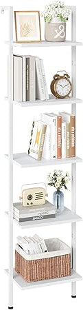 Ladderkast – Boekenkast – Opbergkast – Wandrek – Plankenkast – Wit – 5 Lagen – Hout Met Metaal – Ruimtebesparend – Stevig & Duurzaam - QUORE