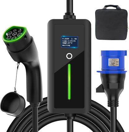 Type 2 mobiele oplader voor elektrische auto's, 7 kW draagbare oplaadkabel met CEE-stekker voor elektrisch voertuig, IP67 waterdicht, 7,5 meter, type 2 oplaadkabel met 32 A, IEC 62196-2