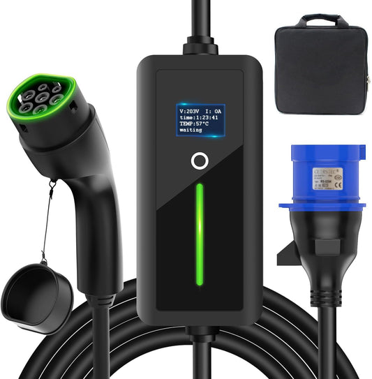Type 2 mobiele oplader voor elektrische auto's, 7 kW draagbare oplaadkabel met CEE-stekker voor elektrisch voertuig, IP67 waterdicht, 7,5 meter, type 2 oplaadkabel met 32 A, IEC 62196-2