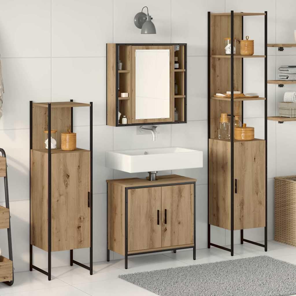 vidaXL 4 Piece Bathroom Furniture Set Artisan Oak Laminated Wood Industrial Design Storage Cabinets Shelves With Mirror Perfect For Home Or Bathroom Use Wall Cabinet Freestanding High Floor Washroom - QUORE