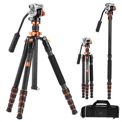 K&F CONCEPT Camerastatief van koolstofvezel, 173 cm, fotostatief met hydraulische kop ± 90 graden, videostatief monopod 182 cm met Arca Swiss voor DSLR, Max 5 kg, O255C4+FH-03