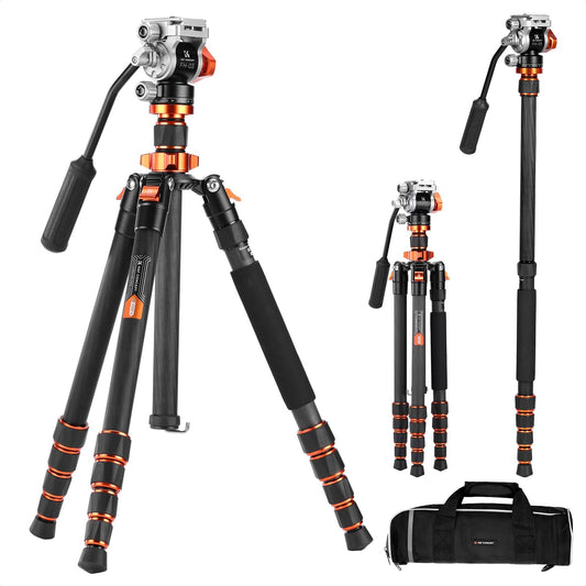 K&F CONCEPT Camerastatief van koolstofvezel, 173 cm, fotostatief met hydraulische kop ± 90 graden, videostatief monopod 182 cm met Arca Swiss voor DSLR, Max 5 kg, O255C4+FH-03