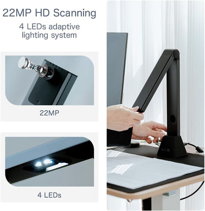 Portable Document Camera Scanner: 22MP Hoge Resolutie & OCR - Compatibel met Windows/Mac; Boek Digitizer met Automatische Correctie - PDF/Word/Excel formaat