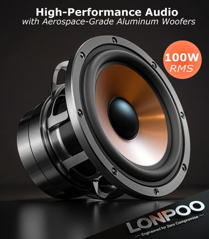 LONPOO Actieve plankluidspreker, 100 W RMS luidsprekermonitor, studio, aluminium woofer, 4 inch, RCA-connectiviteit, optisch, coaxiaal, Bluetooth 5.3, USB, AUX-in voor tv, pc en platenspeler (LP42M)