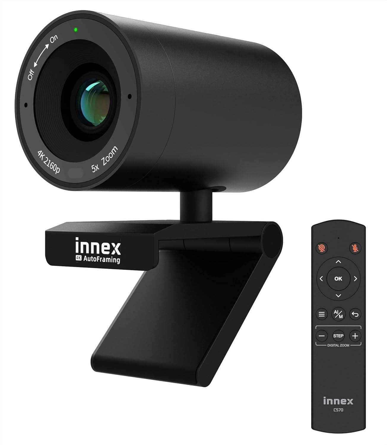 Innex C570 Webcam 4K with 120 Degree Wide Angle, AI Tracking, Car Framing, ePTZ, with Microphone, 5x Digital Zoom, Remote Control, Webcam Cover, Zoom Conference Camera, Microsoft Teams