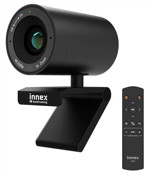 Innex C570 Webcam 4K with 120 Degree Wide Angle, AI Tracking, Car Framing, ePTZ, with Microphone, 5x Digital Zoom, Remote Control, Webcam Cover, Zoom Conference Camera, Microsoft Teams