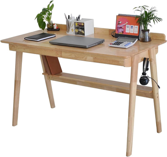 Massief Houten Bureau, Mid-Century Modern Design, Met 2 Lades en Onderplank, Ideaal voor Thuiskantoor (Houtkleur, 120 * 60)