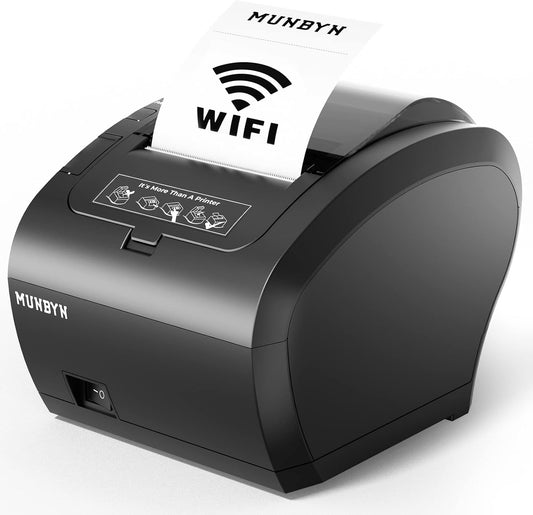 MUNBYN WiFi Ontvangstprinter met USB-poort, 80mm POS-printer Werkt met Square Mac Windows Chromebook Linux Kassalade, ESC/POS, Hoge Snelheid Auto-Cutter Wandmontage Ondersteuning, Zonder LAN