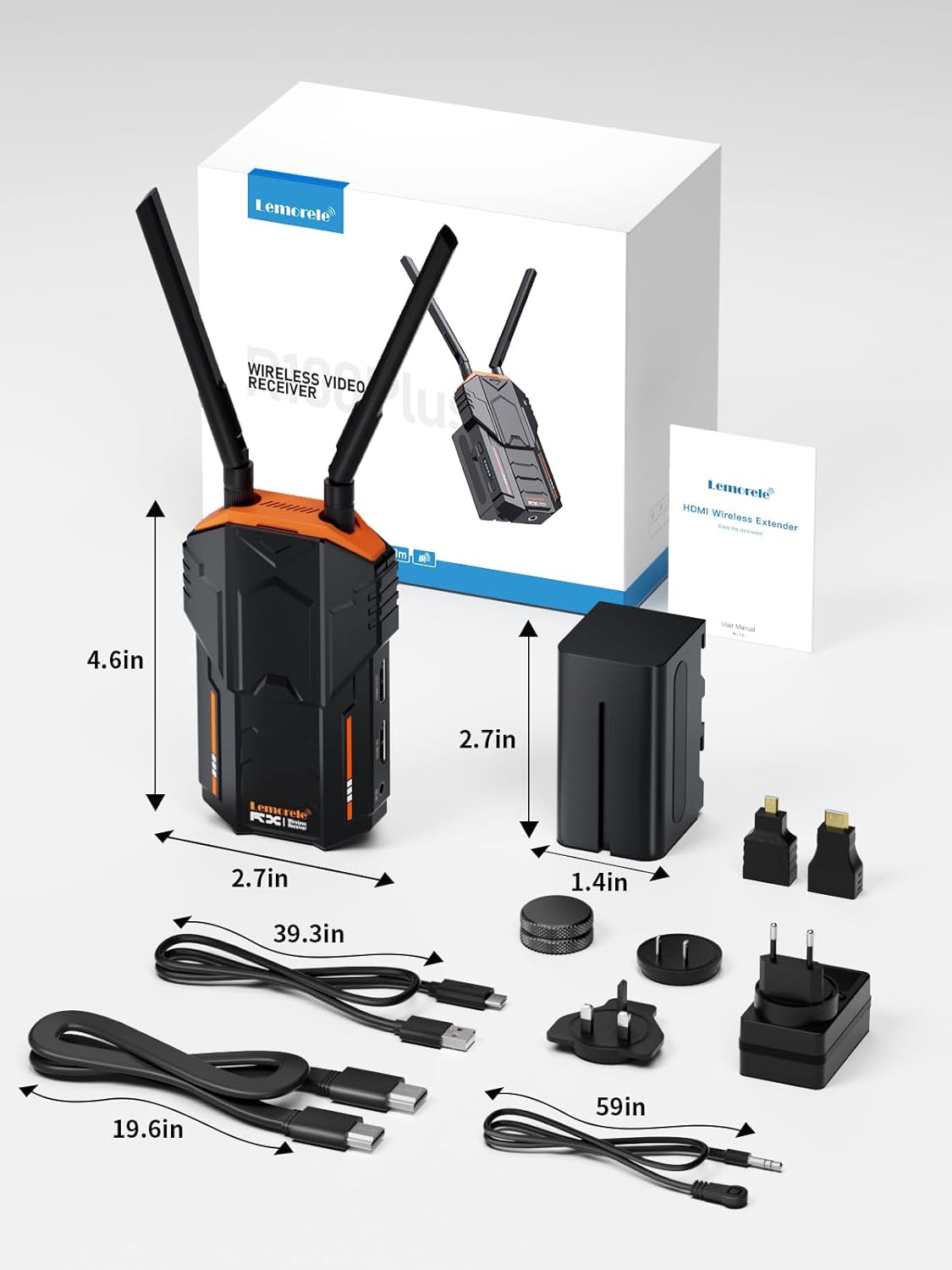 Lemorele 5G 1080P 200M HDMI Wireless Video Audio Receiver (RX) voor R00 Plus Kits alleen, ondersteunt 4 RXs tot 1 zender (TX) max. 1 4400 mAh batterij.
