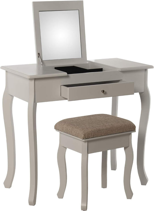 DRW Make-uptafel met spiegel en bank van hout, wit, 80 x 40 x 74 cm en 36,5 x 29 x 46 cm