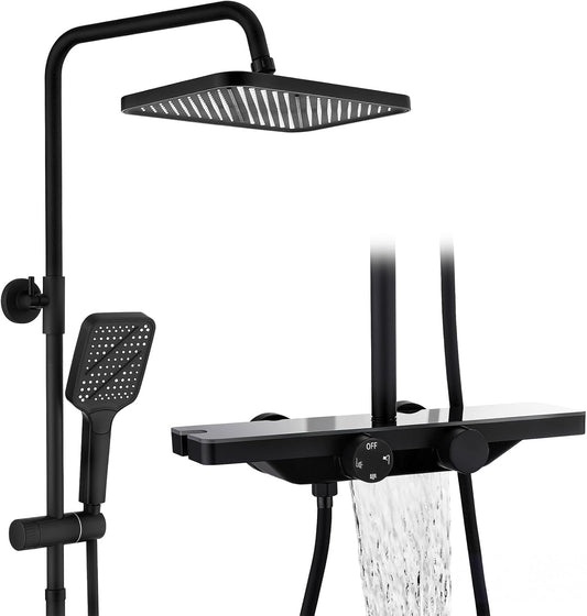 Douchepakket – Regendouche – Thermostaatkraan – Handdouche – Douchecombinatie – Zwart Design – Glazen Plank 40x10 cm – 38°C Veiligheidsstop