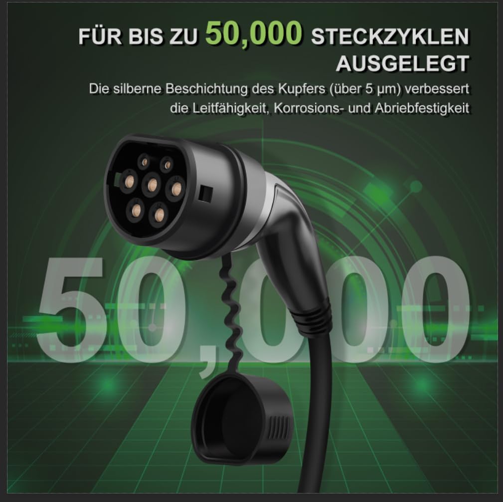 11 kW Type 2 Oplaadkabel – EV-kabel – Laadkabel Elektrische Auto – Mennekes Oplader – 3-fasen 16A Kabel – 7,5 Meter Spiraalkabel – Vuurvast TPU Materiaal – IP55 Waterdicht