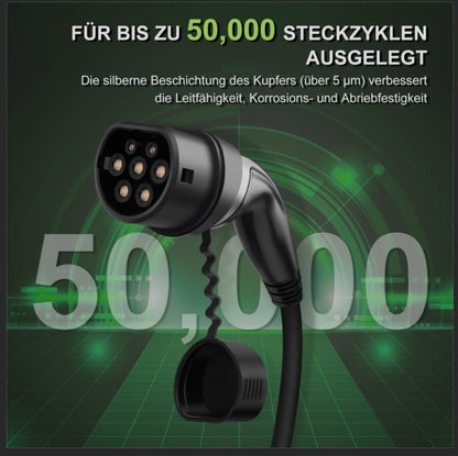 11 kW Type 2 Oplaadkabel – EV-kabel – Laadkabel Elektrische Auto – Mennekes Oplader – 3-fasen 16A Kabel – 7,5 Meter Spiraalkabel – Vuurvast TPU Materiaal – IP55 Waterdicht