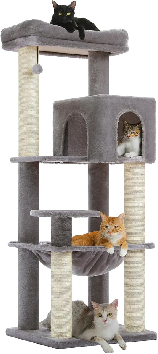 PAWZ Road Large 147 cm Cat Tree with Thickened Scratching Posts (φ3.7 cm) for Large Adult Cats 13.6 kg, 57.8 Inch Multi-Level Cat Tower Activity Center with Metal Frame, Large Hammock and - QUORE