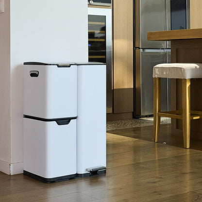 KITCHEN MOVE HAJA pedaalemmer, afvalscheiding, recycling, 60 l (13 + 17 + 30 l), roestvrij staal, wit, met emmer