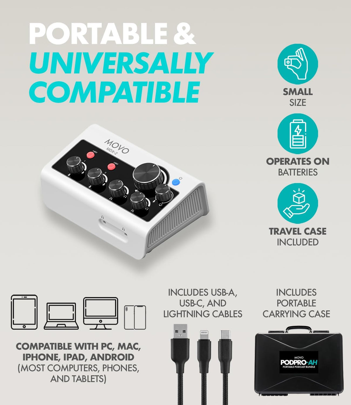 Movo Draagbare podcast-apparatuurbundel voor iPhone/Android-telefoons - Podcastkit met audio-interface, 2 CastMic dynamische microfoons, 2 koptelefoons, 2 giekarmen - voor smartphones, computers, pc
