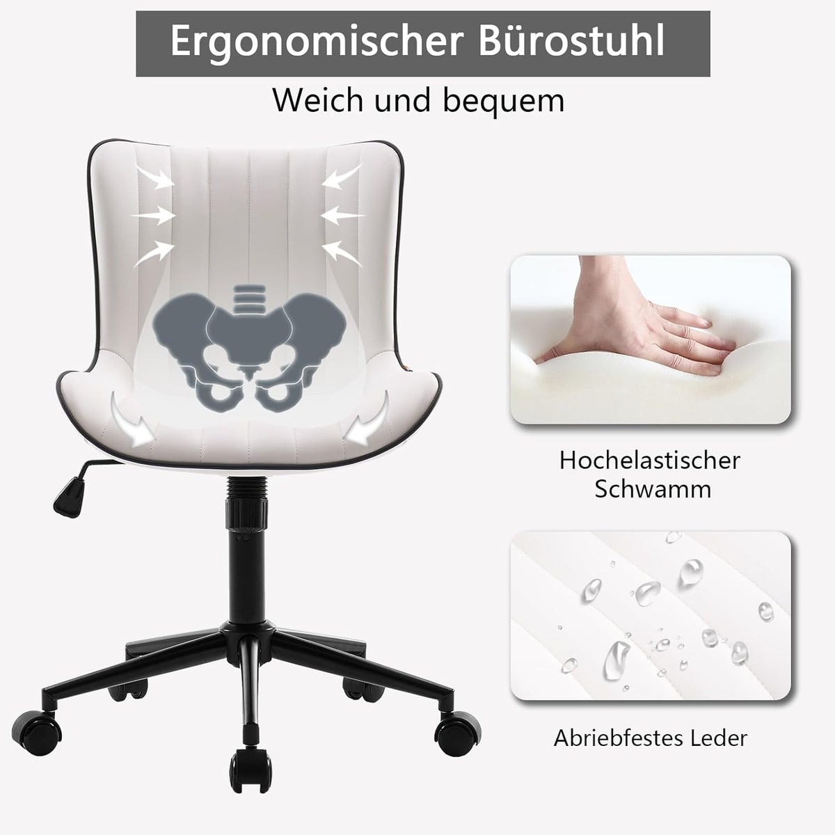 YOUTASTE Bureaustoel, ergonomisch, in hoogte verstelbaar, stoel met PU-leer en wielen, draaistoel, kantelfunctie, computerstoel, 136 kg belastbaar, wit