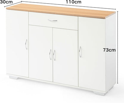 FurnitureR Multi-Storage Unit, Sideboard, Keukenkast, Cupboard met 4 Deuren 1 Drawer, Grote Plankruimte voor Woonkamer, Entrance, Opbergmeubels voor Woonkamer Houten Top, 118 x 30 x 70 cm, Wit