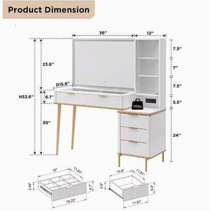 dressing tables Large modern vanity table with mirror and lighting with 5 drawers and storage shelves and dressing table toilet table(Noir) - QUORE