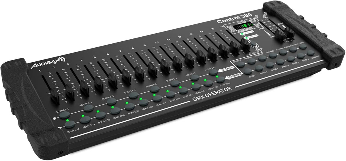 Audibax Control 384 - DMX-controller met 384 kanalen - besturing van 24 apparaten met 16 DMX-kanalen - activering van scènes per geluid, handmatig of automatisch - programmering van chases en