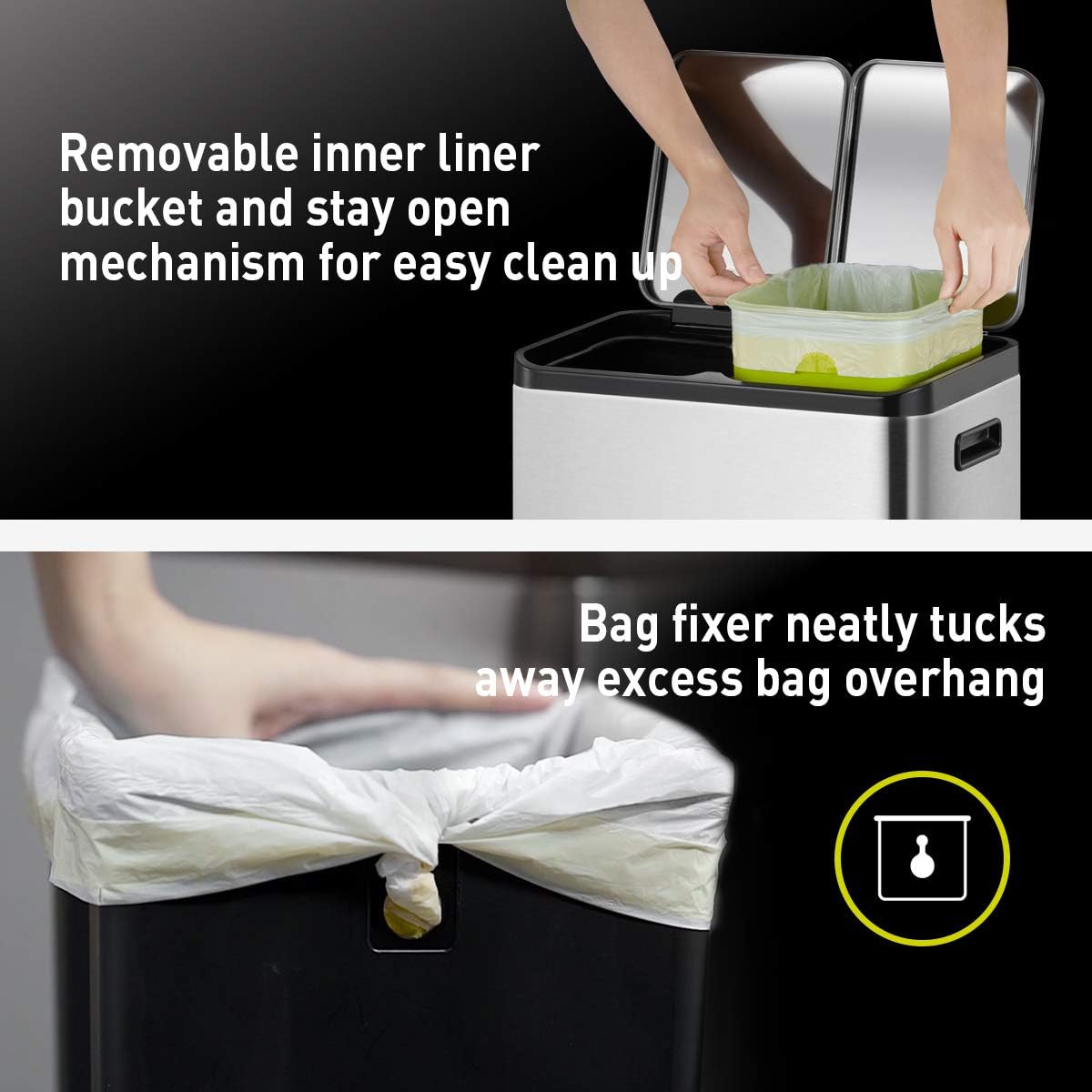 EKO Prullenbak voor in de keuken met twee compartimenten, geborstelde roestvrijstalen afwerking, 30 l + 30 l (softclose)