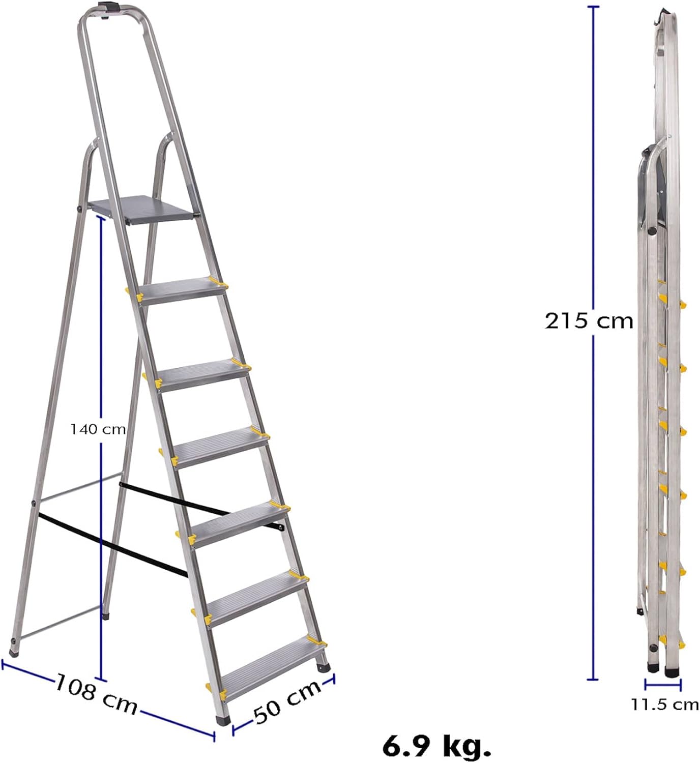 Trapladder Dura 7 treden van aluminium, licht en opvouwbaar, antislip voeten, hoogte van het platform 140 cm, maximale belasting 150 kg