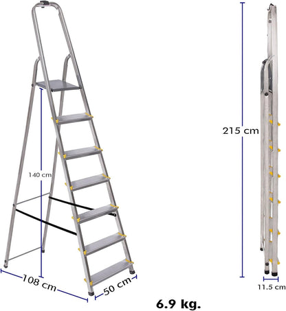 Trapladder Dura 7 treden van aluminium, licht en opvouwbaar, antislip voeten, hoogte van het platform 140 cm, maximale belasting 150 kg