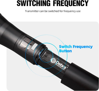 D Debra UHF draadloos microfoonsysteem, 4x16 instelbare kanalen, dynamische handheld microfoons, automatische frequentiesynchronisatie, 80m bereik voor zang en karaoke (4 microfoons)