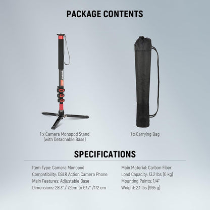 Camera Monopod – Eenpootstatief – Monopod Statief – Camerastandaard – Reisstatief – Uitschuifbaar 72-182 Cm – Afneembare Basis Met 90° Kanteling – Koolstofvezel, Tot 6 Kg Draagvermogen