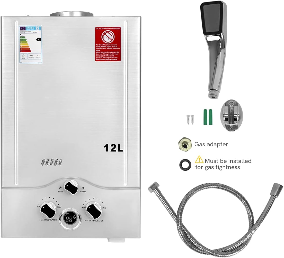 12 LPM, doorstroomboiler, 24 kW, LPG, doorstroomboiler met laagste beschikbare waterdruk van 0,2 bar, geschikt voor propaan en butaan, voor thuis, campers, cabines, schuren