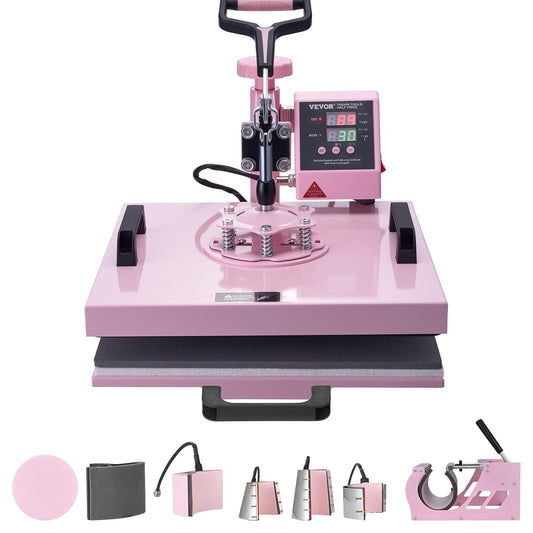 VEVOR Warmteoverdrachtsmachine, 380 x 380 mm, 8-in-1 hittepersmachine, trommelpers, 0,17 kg-0,85 kg, 360 graden oscillerende T-shirt-pers voor T-shirts/platen, roze