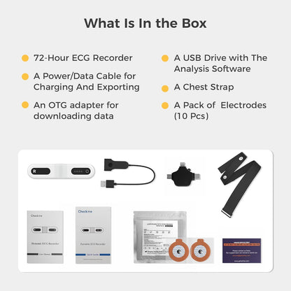 CheckMe ER1-LW Draagbare ECG-monitor voor 72 uur met ECG-AI-analyse, Holter ECG-monitor met OLED-scherm, ECG-gebeurtenismarkering, app en pc-software, compatibel met generieke kleefelektroden