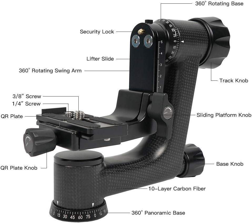 SIRUI PH-10 Carbon Gimbal Statiefhoofd Zware Duty, 15kg Draagvermogen, 360° Panorama, met Arca-Swiss Snelwisselplaat voor Camera en Telelens