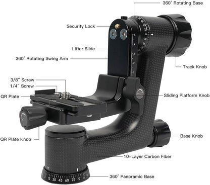 SIRUI PH-10 Carbon Gimbal Statiefhoofd Zware Duty, 15kg Draagvermogen, 360° Panorama, met Arca-Swiss Snelwisselplaat voor Camera en Telelens