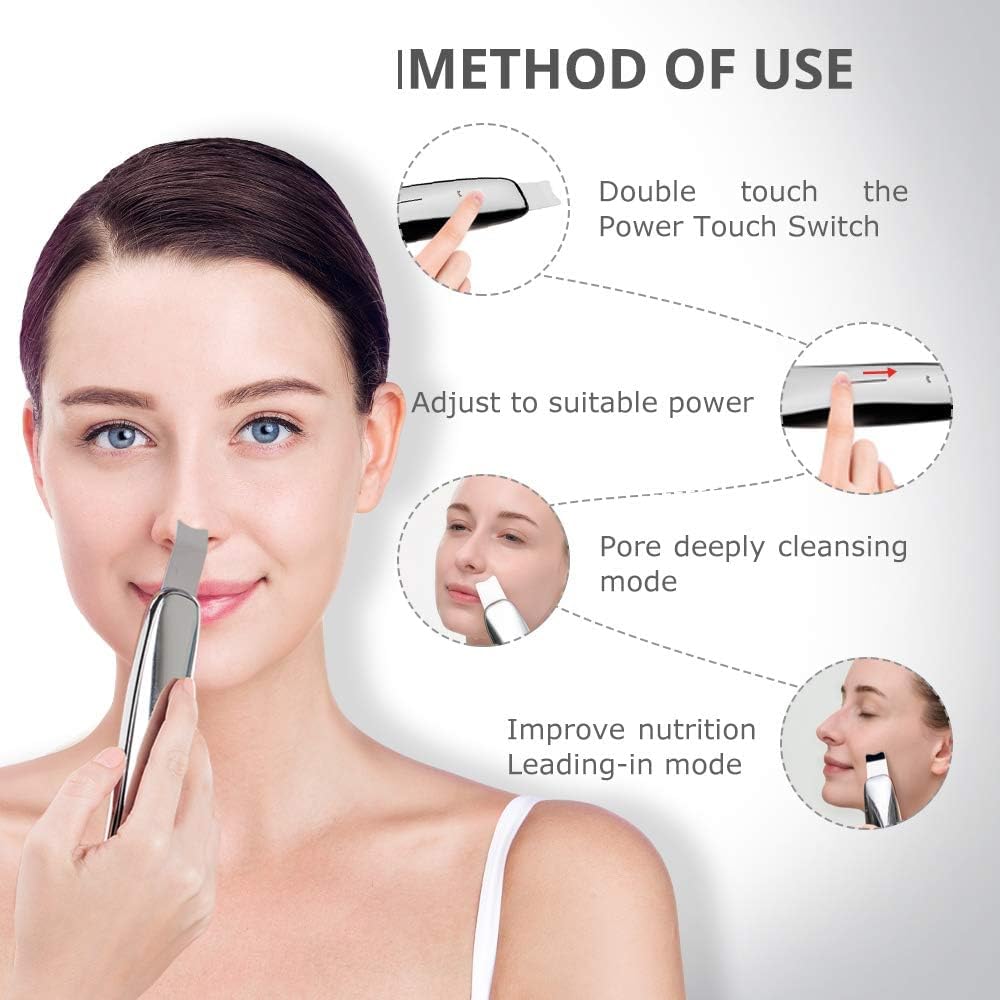 Ultrasone scrubber voor het gezicht – Gezichtsscrubber – Huidspatel – Gezichtsreiniger – Mee-eter Verwijderaar – Zilverkleurig – 26.000 Trillingen Per Seconde – Draadloos Opladen