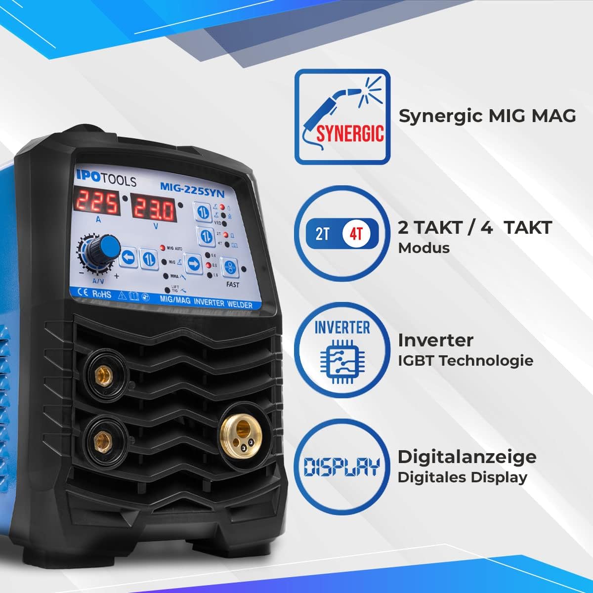 IPOTOOLS MIG-225SYN Inverter lasapparaat MIG MAG - beschermingsgas lasapparaat met 225 ampère, synergic-functie, vuldraad en elektroden, E-hand, digitaal display, IGBT, 230 V