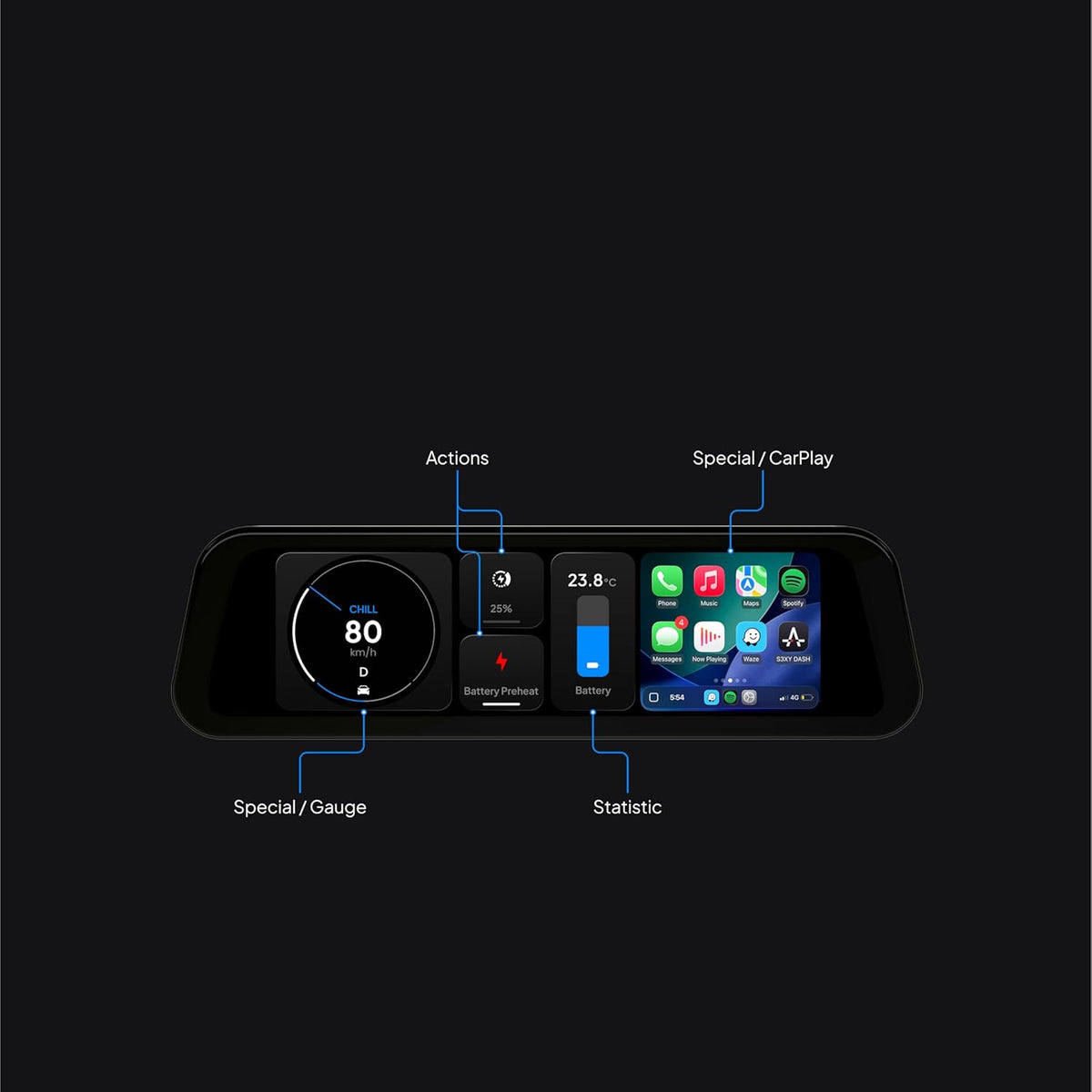 S3XY Dash voor Tesla (Head-up-display, CarPlay, Android Auto) (inclusief Commandant, Model Y Juniper)