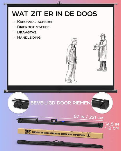 PropVue Projectiescherm met standaard, 100 inch (ca. 254 cm) projectiescherm voor binnen en buiten, voor film- of kantoorpresentatie, instelbaar van 16:9 tot 4:3, HD-premium kreukvrij statiefscherm voor projector