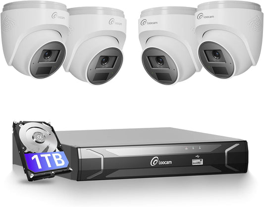 Loocam PoE-Beveiligingssysteem, 8CH NVR Systeem met 4 Stuks 4MP POE-IP-Camera's, 1TB-HDD voor 24/7-Opname, 30m IR-Nachtsicht, Personen/Voertuigdetectie, Tweerichtingsaudio, Weerbestendig IP66