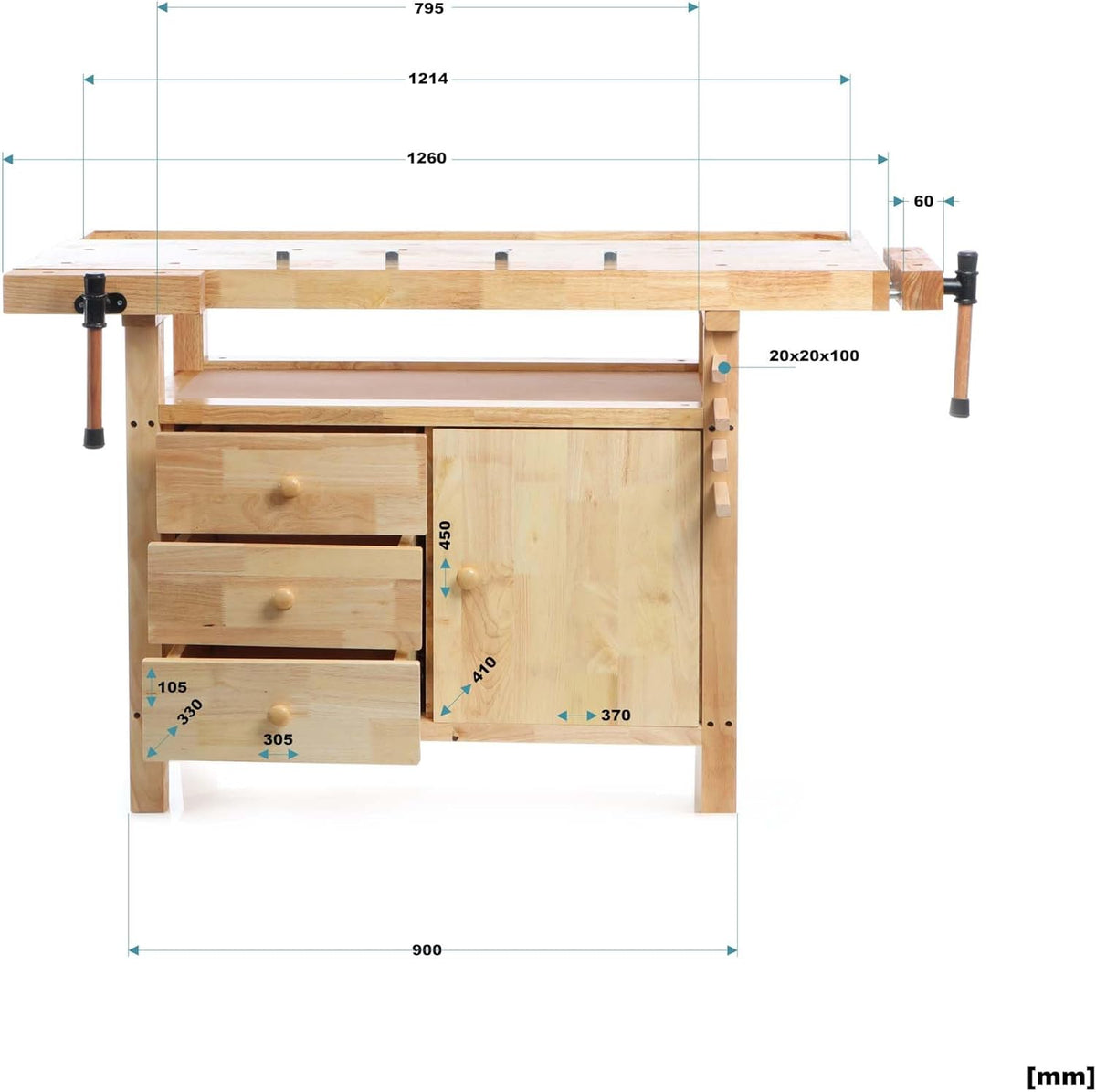Wiltec houten werkbank 126x50x84 cm incl. spantangen, werkbankhaken, laden en apparatuurvakken