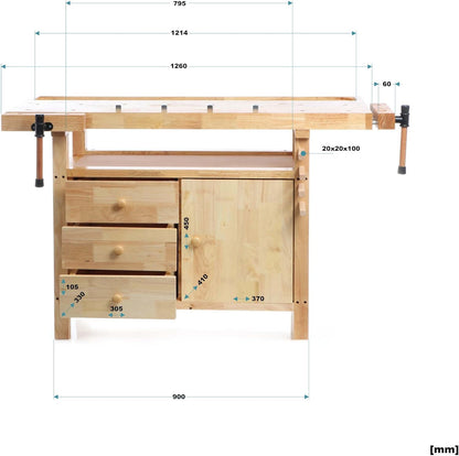 Wiltec houten werkbank 126x50x84 cm incl. spantangen, werkbankhaken, laden en apparatuurvakken