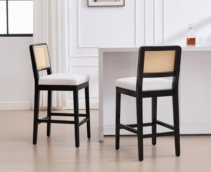 chairus Kitchen Bar Stools Set of 2 Upholstered High Stools Linen Mid-Century Breakfast Bar Stools with Wooden Legs (Black) - QUORE