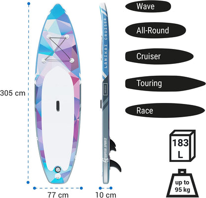 Capital Sports Lanikai Cruiser Opblaasbaar stand-up paddleboard, peddelboards voor volwassenen en kinderen, aluminium peddel, transporttas, SUP-pomp en paddleboard-accessoires, 330 cm, blauw/rood