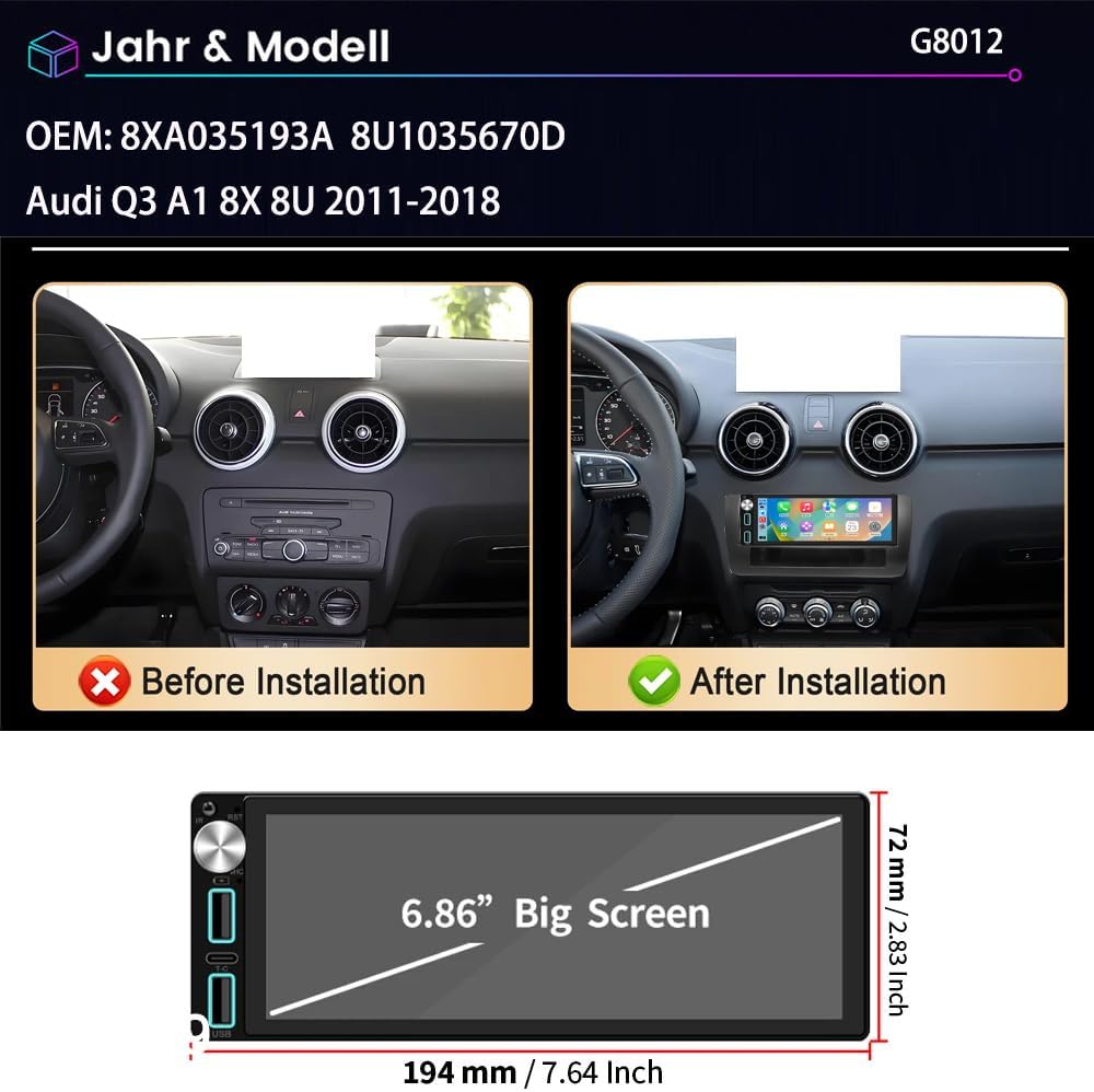 Android autoradio met GPS-navigatie, HD-scherm, touch-display met Carplay Canbus autoradio, vervanging voor Audi Q3 A1 8X 8U 2011-2018, 8U1035670D 8XA035193A