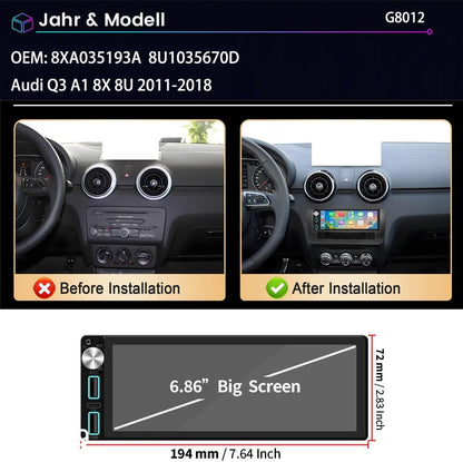 Android autoradio met GPS-navigatie, HD-scherm, touch-display met Carplay Canbus autoradio, vervanging voor Audi Q3 A1 8X 8U 2011-2018, 8U1035670D 8XA035193A