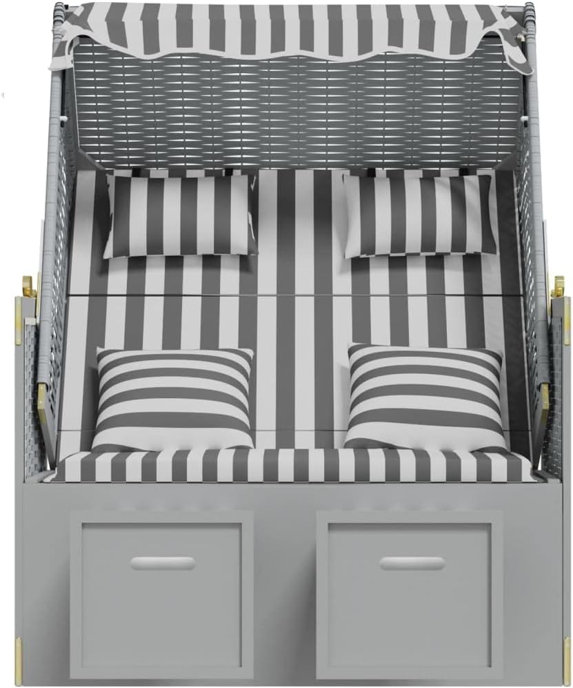 vidaXL Beach Chair with Cushions Poly Rattan and Solid Wood Grey White, Beach Corb, Beach Sofa, Lounger, Seating Chair, Beach Furniture, Beach Corbs, Seating Chairs - QUORE