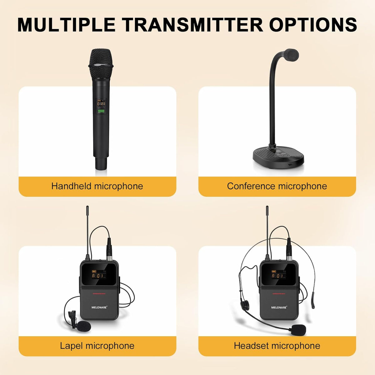 4-Kanaals UHF-Draadloos Microfoonsysteem – Draadloze Microfoonset, Headsetmicrofoon, Dasspeldmicrofoon, Bodypack-Zenders – 24-Bit/48 kHz Geluidskwaliteit – Stabiele UHF-Verbinding Tot 200 Meter