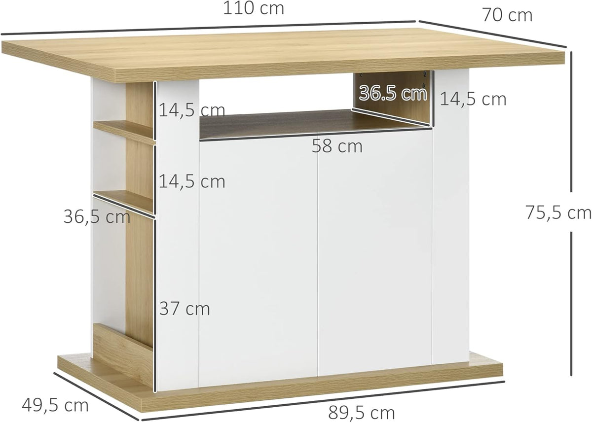 HOMCOM Dining Table, Island, Kitchen, Storage Cabinet, Table with Large Worktop, 4-6 People, Cabinet with 4 Doors and Shelves, Wood, Dimensions: 110 x 70 x 75.5 cm, White and Natural - QUORE