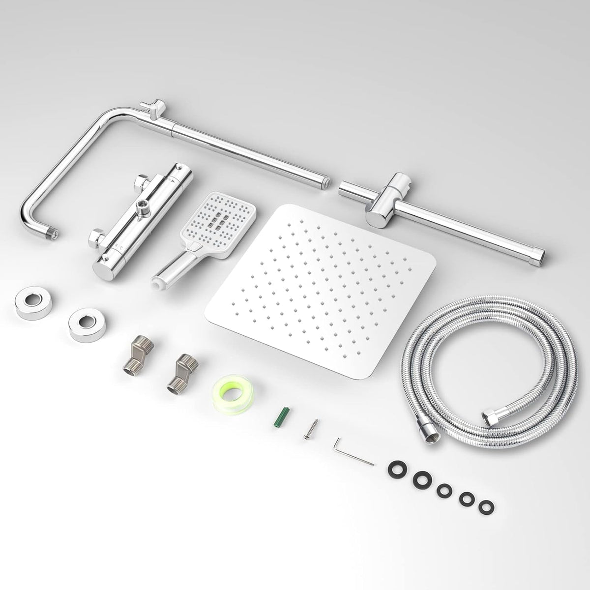 Rainsworth Douchesysteem met thermostaat, chroom, 30 x 30 cm, vierkante regendouche, roestvrij staal, complete set, 3 straalsoorten, douchekop, regendouche met kraan, 92-126 cm douchestangen